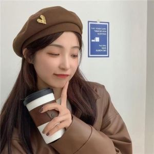 COUPLECOL Mềm mại Mũ Beret cổ điển Đồ trang trí hình trái tim Màu sắc cổ điển Mũ Gấu Hoạt Hình Mũ lưỡi trai thời trang thường ngày Nhẹ Mũ họa sĩ cổ điển Trang phục hàng ngày