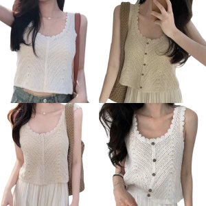 Elegant Openwork Crop Tank Top For Women Hollow Out Crochet Knit Casual Beach Sweater Vest Soft Cotton Sleeveless Shirt