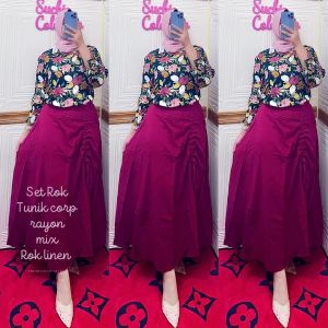ONE SET TUNIK CORP RAYON FLORAL MIX ROK SERUT LINEN TERBARU/ATASAN MUSLIMAH TERBARU/BUSANA MUSLIMAH TERBARU