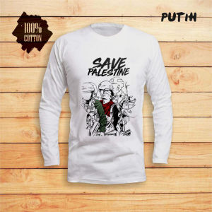 KAOS PALESTINE LENGAN PANJANG / BAJU PRIA / SAVE PALESTINE / FREE PALESTINE / SAVE GAZA 24s PUTIH