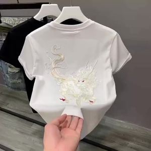 国潮中国风麒麟刺绣短袖T恤男2024夏季新款纯 棉圆领半袖打底上衣