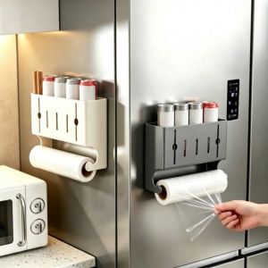 FEEZE No-Drill ic Fridge Shelf Carbon Steel Wall Mounted Plastic Wrap Storage Rack Multi-functional Space Saving Roll Paper Dispenser Household Kitchen Sorting