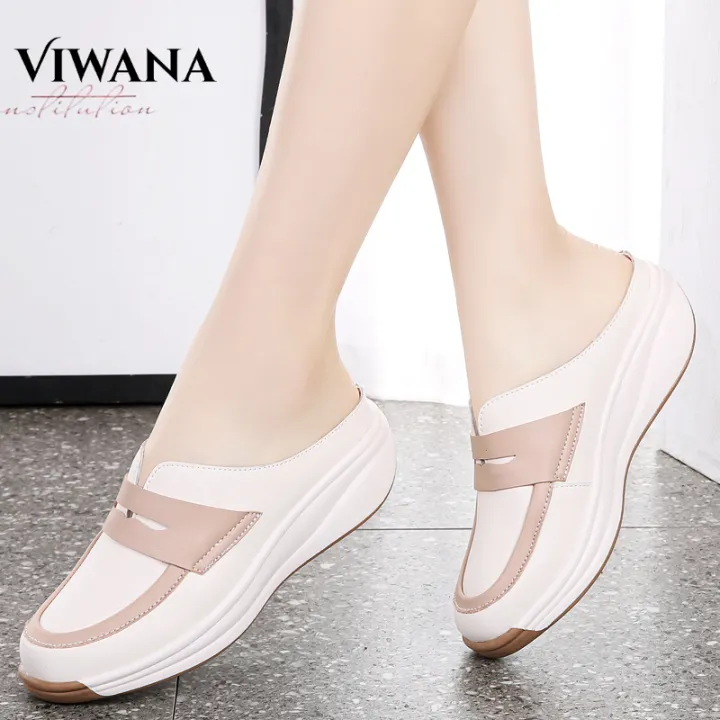 VIWANA Wedges Shoes For Women Comfort Half Slippers Wedge Shoes Plus Size  35 to 44 Round Toe Genuine Leather Slip On Shoes Ladies Platform Sneaker