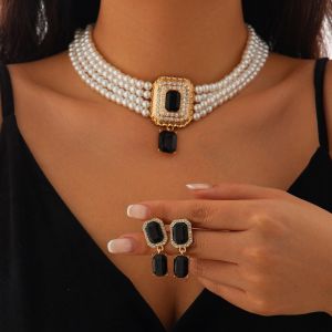 ANGY  Imitation Pearl Multilayer Necklace Charm Luxury Choker Necklace Set Chic Women Jewelry Rhinestone Necklace Earrings Ladies