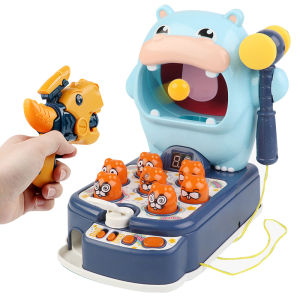 【birthday present】Kids toy game 4 in 1 hippo shooting game with English music sound and light dinosaur air gun with 10 bullets