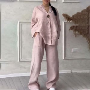Fashionable Solid Color Cotton and Linen Casual Suit Long-sleeve Loose Top Wide Leg Pants Slimming Two-piece Plus Size M-4XL