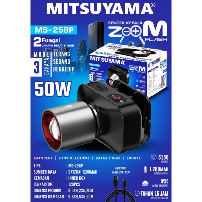 senter kepala led zoom 50watt MITSUYAMA MS-258P - jarak jauh - tahan lama - charger usb type c