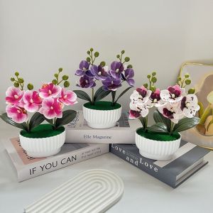 NOBLELYN White Flower Pot Simulated Butterfly Orchid DIY Faux Flowers Plastic Fake Flower Multi-Bloom Artificial Faux Plants Home Decor