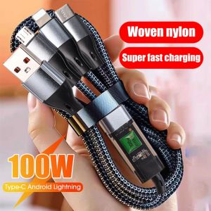 3 in 1 100W 1.2M Fast Charging Cable Type C Braided Cable Micro USB C Lightning Charger Charging Cable Wire Compatible with iPhone Realme Samsung Huawei 50 pro