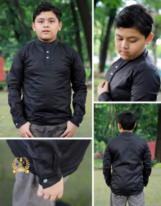 TopOne88 Baju Kemeja Koko Lengan Panjang Katun Stretch Anak Laki Laki Usia Tanggung Hitam Putih