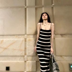 Missliu Fashion 2025 Summer New Skirt Fashion Striped Ice Silk Knitted Suspender Dress  Bag Hip Hot Girl Long Skirt Female Set