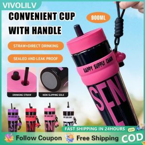 VIVOLILV 900ML Large Capacity Straw Cup Outdoor Portable Straw Cup Tumbler Hot And Cold With Rope Dopamine Color Water Cup Non-Toxic Sports Bottle