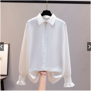 Áo sơ mi nữ tay dài bo thun cổ bẻ basic vải Manggo trắng cao cấp cực chất