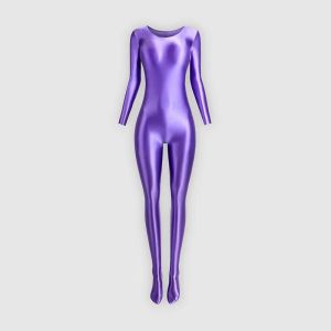 Women Shiny Bodysuit Tight-fitting Oil Glossy Yoga Zentai Suits Casual Sport Tights Catsuit Back Zipper Overalls Jumpsuits