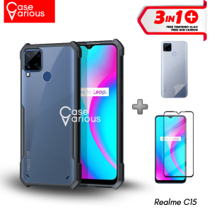 Paket 3in1 Case Realme C15 Casing Free Tempered Glass dan Skin Carbon