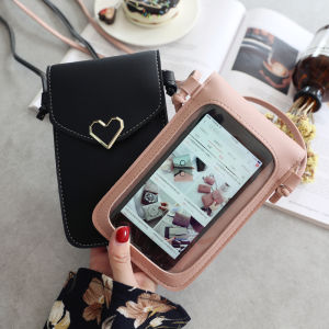 Women Heart-shaped Transparent Screen Mobile Phone Bag Mini Messenger Wallet Bags Lady Handbag and Purses Small Phone Bag Light Cross Body Bag