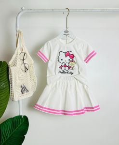Set Bộ đồ Cho Bé Gái hình hello kitty  áo Tay Phồng mix Chân Váy Xếp Ly Xinh Xắn dễ thương Bộ váy cho bé gái đủ size chất cotton mặc mát vải cao cấp