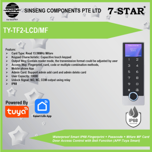 7-STAR* Tuya WiFi Waterproof Smart IP68 Fingerprint + Passcode + Mifare MF Card Door Access Reader Control with Bell Function (APP:Tuya Smart)[Order model: TY-TF2-LCD/MF]