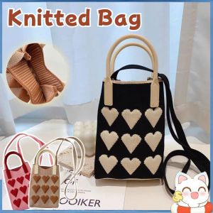 2-in-1 Cute Mini Knitted Mobile Phone Bag Women Shoulder Sling Tote Shopping Handbag The Love Small Square Bag