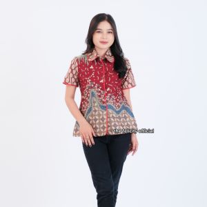 felicitybatik - Atasan Kemeja Batik Couple Wanita dan Pria Berkerah Kemeja Batik Modern [ lava ]
