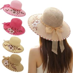 DOWNA Flower Printed Womens Sun Hat Wide Brim UV Protection Straw Hat Fashion Lightweight Fishermans Hat Summer Outdoor