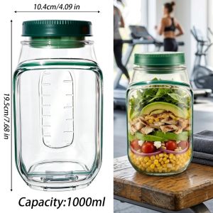 Side Opening Plastic Salad Jar / Convenient Lunch Container with Seasoning Box / Layering Salad Storage Box / for Breakfast Fruit Cereal Nut Yogurt