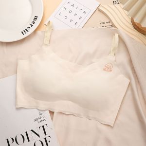 JJT Girls发育期Soft Ice Silk Seamless Bralette with Removable Pads Breathable & Comfortable Backless Design for School and Daily Wear