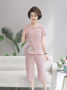New Arrival Moms Summer New Large Size Womens Suit Short Sleeve Pajamas Middle-Aged and Elderly Peoples Clothes Loose Pure Cotton and Linen Top Two-Piece Suit High Quality Fashionable