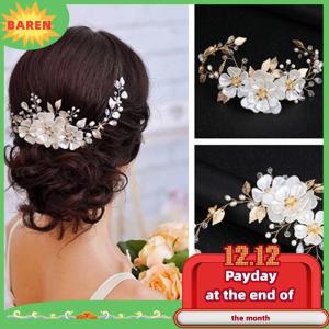 BAREN Phụ nữ cô dâu hoa trắng Rhinestone ngọc trai tóc Clip Phụ kiện tóc cưới