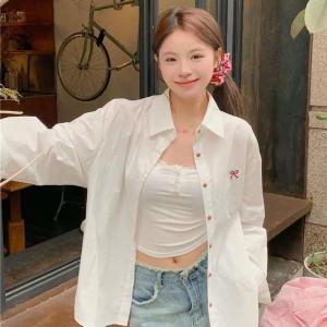 Korean Style Women Ladies Casual  Loose Long Sleeve Shirt Blouse  Plain Bow Embroidery Blouse New Ready Stock W417