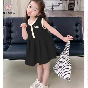 WANDER เสื้อผ้าเด็กผญ เดรสเด็กหญิง การออกแบบที่สะดวกสบาย สาวฤดูร้อนบางหลวมแขนกุดเจ้าหญิงลมสีทึบเรียบง่ายแขนกุดกระโปรงแขวนคอ