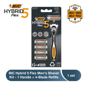BIC Hybrid 5 Flex Mens Shaver Kit - 1 Handle + 4 Titanium-Coated Blade Refills Ergonomic Design Precision Trimmer