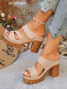 [Free Shipping] Plus-Size Thick-Soled Chunky-Heeled Sandals With Velcro Straps Open-Toe Design Waterproof Platform And A One-Strap Style Suitable For Wearing Outdoors