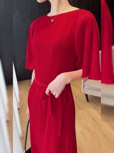 Miyake Pleated Designer Model Elegant Casual High-End Lace-up Dress #2564