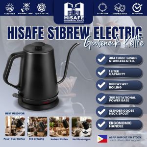 HiSafe S1Brew 1L Electric Gooseneck Kettle – 1000W 304 Stainless Steel Pour-Over Coffee & Tea Kettle with 360° Rotational Base