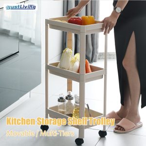 JustLiving 3/4 Layer Kitchen Storage Shelf Rack Kitchen Tower Movable Assemble Plastic Bathroom Shelf Wheels Trolley Space Saving Organizer