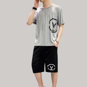 Summer New Mens Loose Fashion Print Suit Short Sleeve T-shirt Two Piece Casual Suit for Men