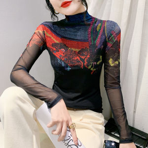 Yimei Áo thun lưới cao Cổ Dài Tay Thời Trang Châu Âu Mùa Thu/đông 2023 Áo thun ôm vừa Áo Hoa định vị cho nữ