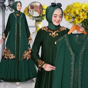 Abiyyuco TA9047 | Gamis Abaya Turkey 2 in 1 Outer Bisa Dilepas Turki  Bordir Mote Turky Bahan Jersey Kombinasi Ceruty Hitam dan Warna Mewah Elegan