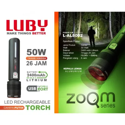 Senter Tangan Luby L AL 8002 Lithium 50 Watt Zoom Rechargeable Cahaya Putih Tahan 26 Jam AL8002
