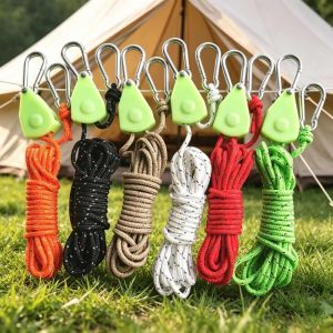 LUMINOU 4mm2m Camping Tent Tie Down Multicolors Metal Lifting Pulley Night Light Pulley Adjuster Rope Tightener High Quality Reflective Reflective Awning Wind Rope Hook Outdoor Tool