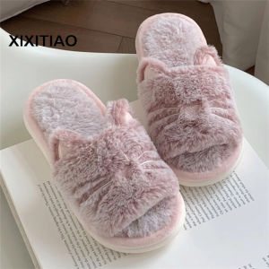 XIXITIAO Womens Autumn and Winter Cartoon Cute Thermal Soft Soled Kitten Word Cotton Slippers Home Indoor Plush Confinement Slippers