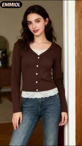 Womens Lace Shirt Patchwork Button Henry Long Sleeve  Y2k 2000S Grunge  Crop Top Autumn Waist Shirt