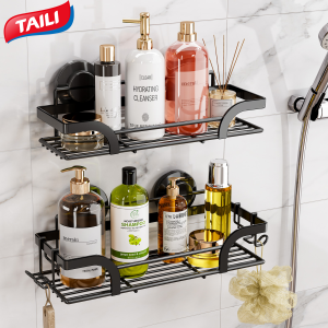 TAILI 2-pack Suction Cup Shower Rack Bathroom Items Storage Box No Drilling Shower Basket Suction Heavy Duty Suitable for Bathroom and Kitchen Storage Rack Black Silver Metal Storage Rack Anti-Rust Bathroom Wall Mounted Shower Basket