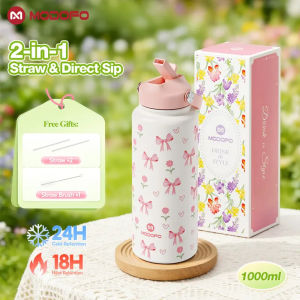 MODOFO 1000ml Floral Insulated Water Bottle with Straw 304 Stainless Steel Leakproof Portable Handle Tumbler