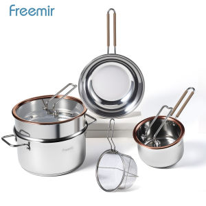 freemir SERI API Set Panci Wajan 5/6PCS Anti Lengket SUS 304/Granit Gratis Tutup Kaca Silicon– Desain Modern Gagang Bisa Dilepas Multifungsi Premium Ekslusif PFOA FREE