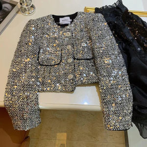 French Luxury Sequins Small Fragrant Tweed Coat For Women Fall Winter Korean Fashion Casual Jackets Elegant Outerwear Chaquetas