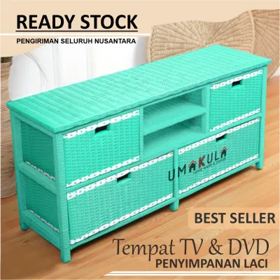 Lemari Rak Rotan Sintetis 4 Laci Buffet Bufet Meja TV 43 inci Ruang Tamu Minimalis Modern Terbaru