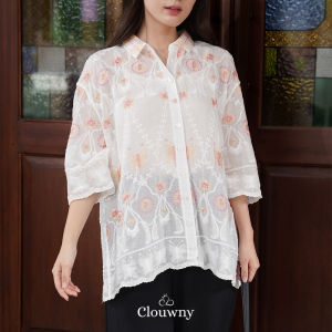 Clouwny Hanni Embroidery Shirt Atasan Kemeja Wanita Korean Look Fit to XXL