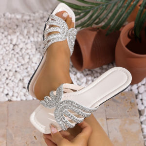 [Free Shipping] WomenS Flat Sandals For Summer 2026 New Square-Toed High-End Solid Color Rhinestone Fashionable And Versatile WomenS Slippers